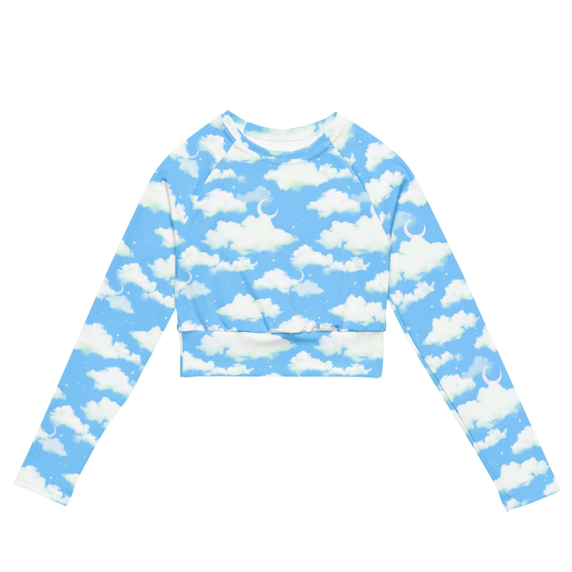 Cloudy Sky Long-sleeved Crop Top features a dreamy cloud design, perfect for eco-friendly athleisure by your favorite brand.