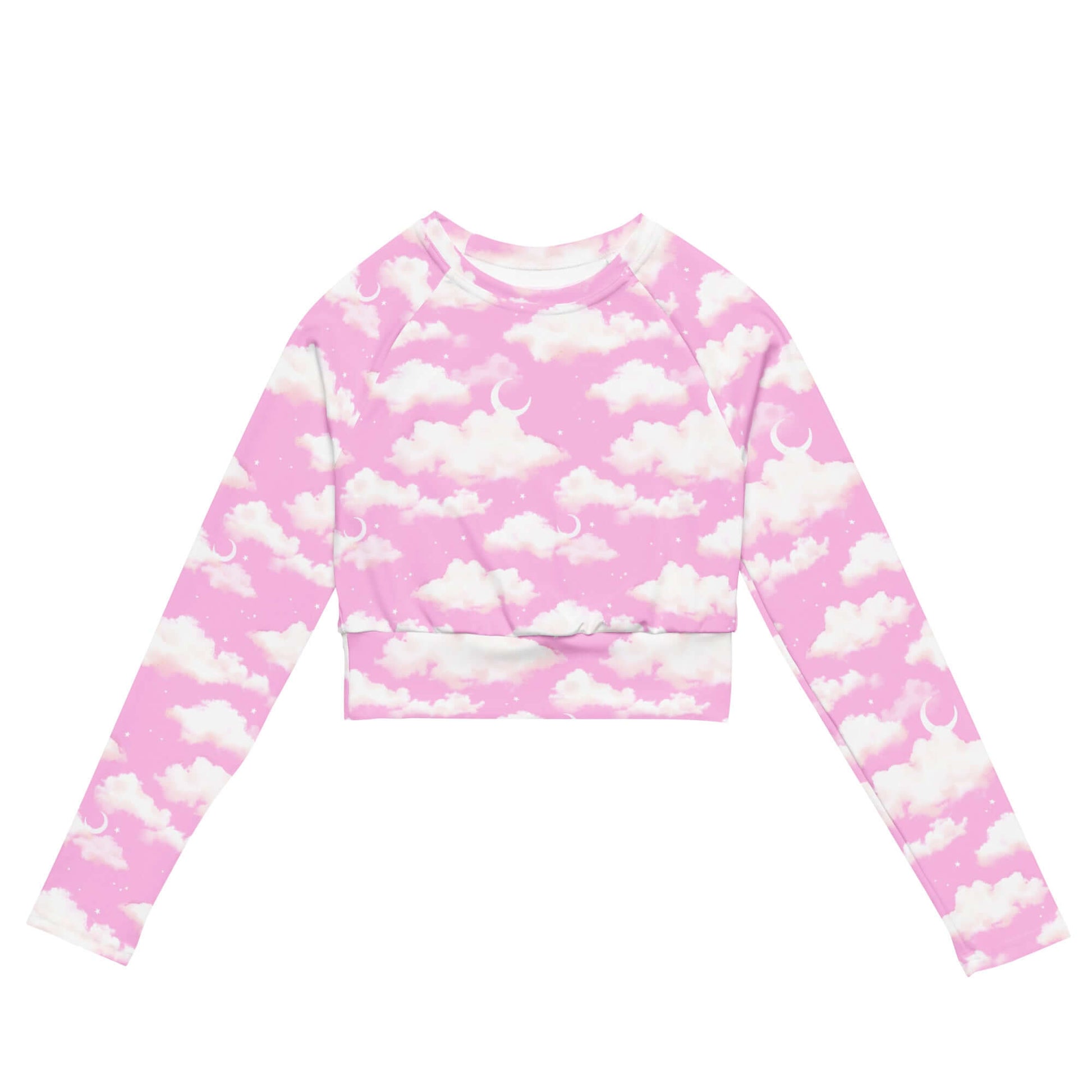 Stylish Cloudy Sky Long-sleeved Crop Top in pink with clouds, perfect for eco-friendly athleisure outfits.
