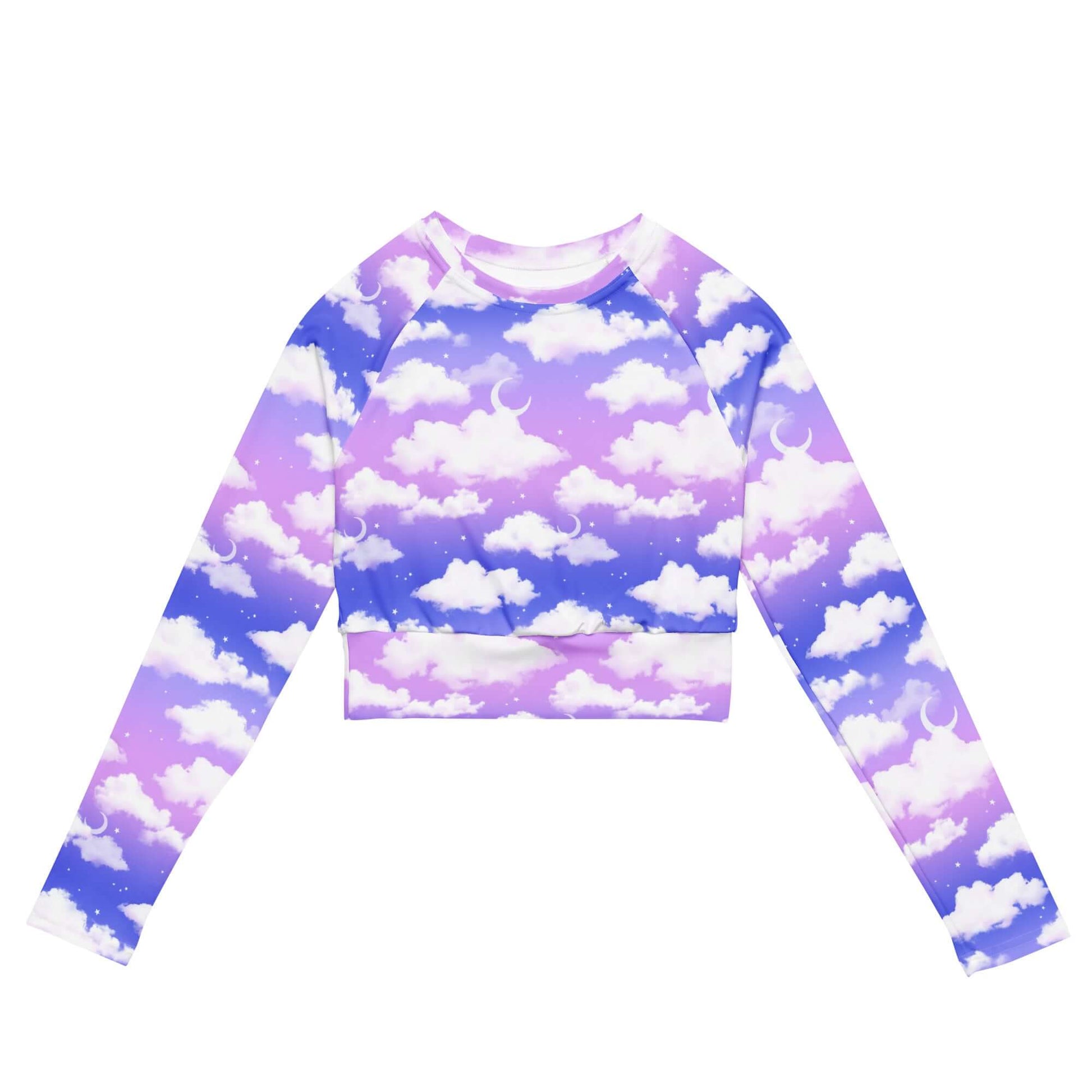 Stylish Cloudy Sky Long-sleeved Crop Top made from recycled materials, perfect for sports and athleisure wear.