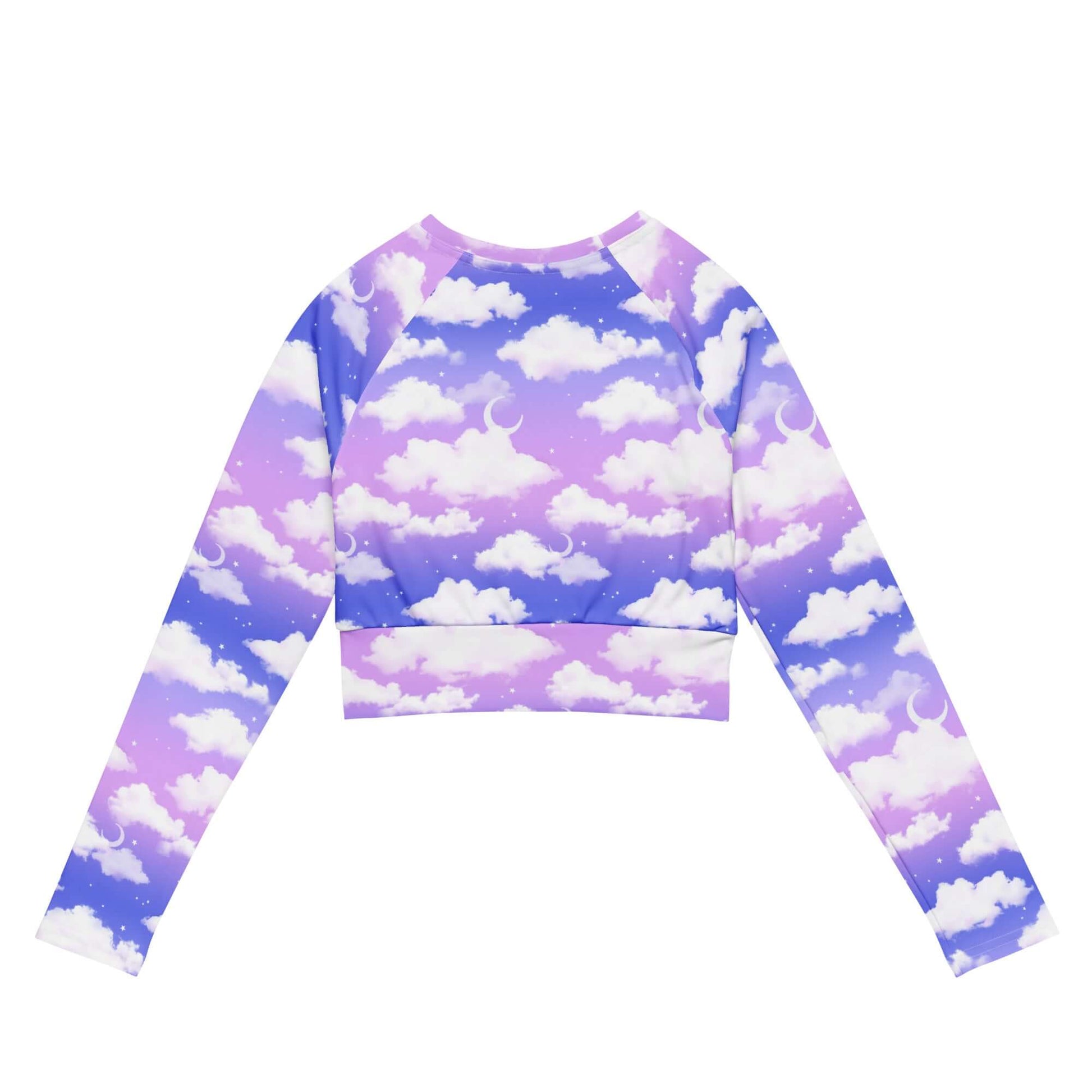 Cloudy Sky Long-sleeved Crop Top featuring a dreamy cloud print, perfect for eco-friendly athleisure and comfort.