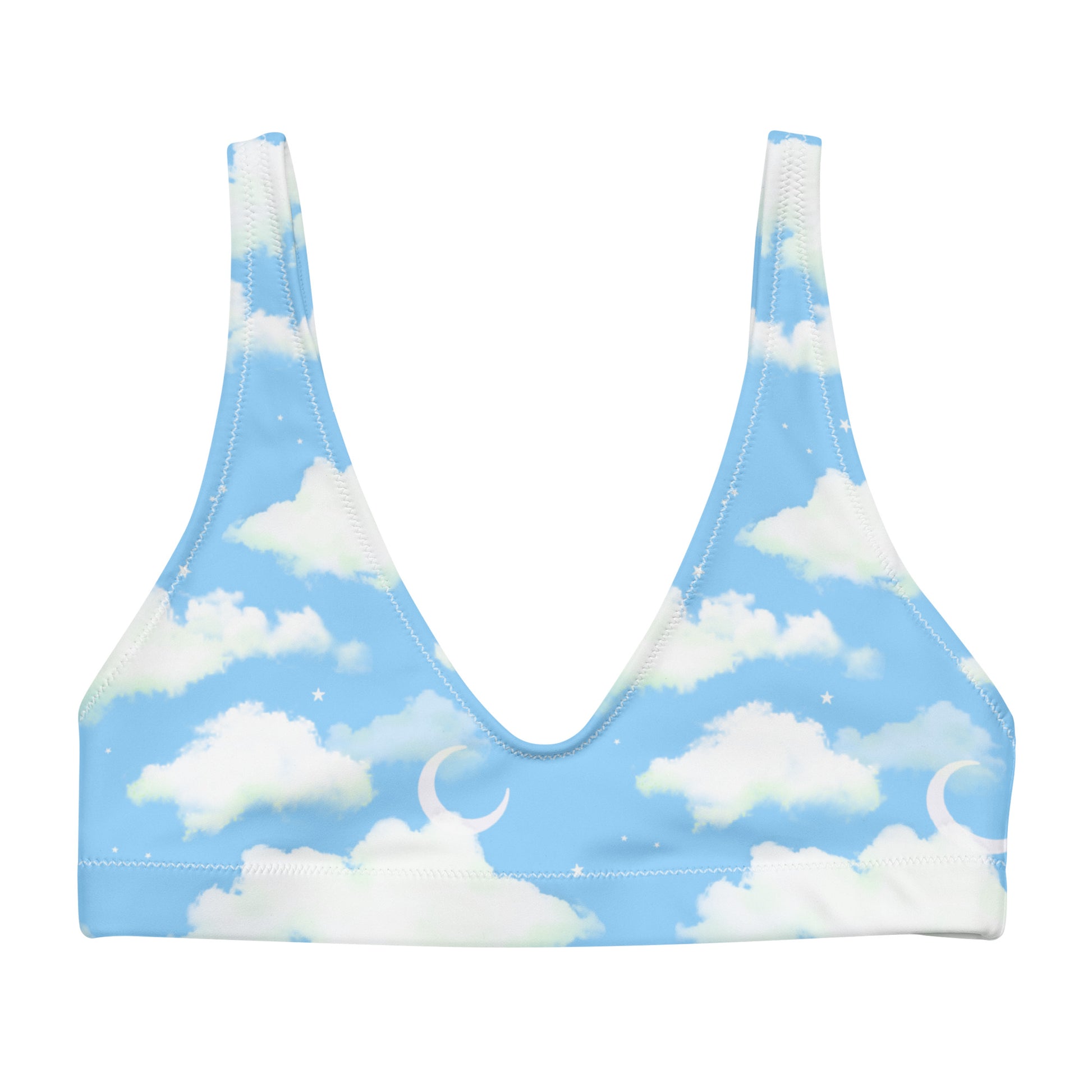 Dream in style with the Cloudy Sky Padded Bikini Top featuring a bright blue cloud design perfect for summer.