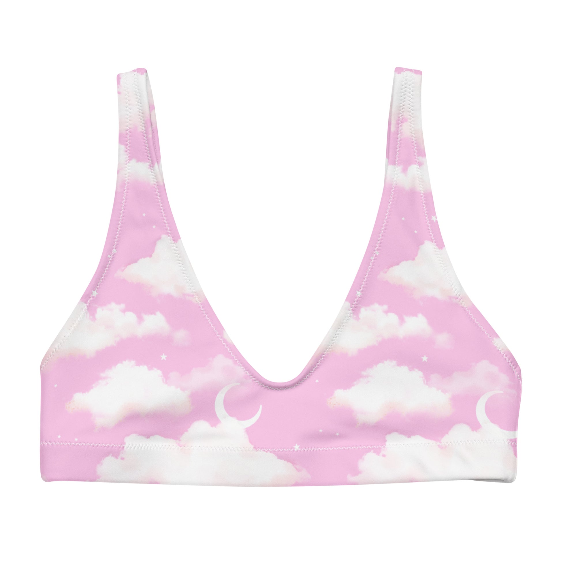 Stylish Cloudy Sky Padded Bikini Top in pastel pink with dreamy cloud patterns, perfect for sunny days at the beach.
