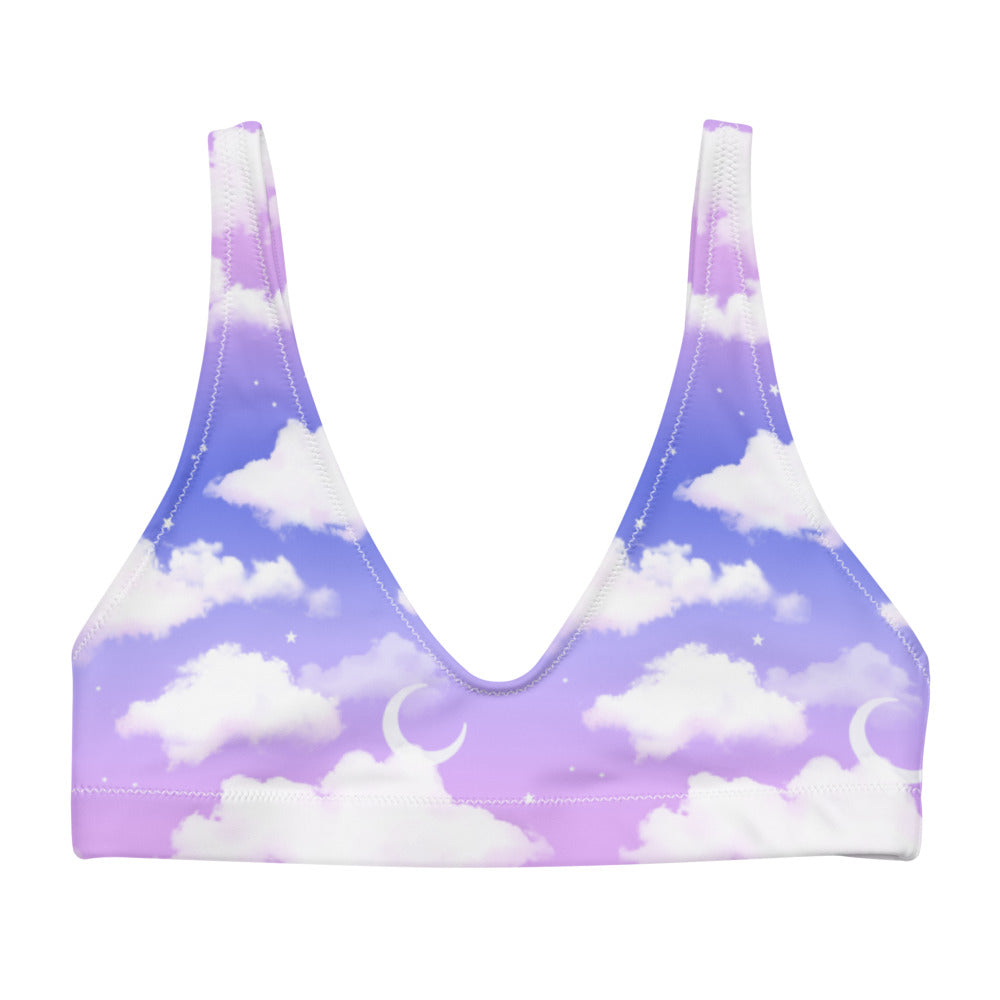 Stylish Cloudy Sky Padded Bikini Top features a dreamy purple gradient design perfect for beach outings.