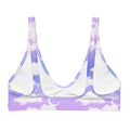 Cloudy Sky Padded Bikini Top featuring a dreamy purple gradient and removable pads for ultimate comfort.