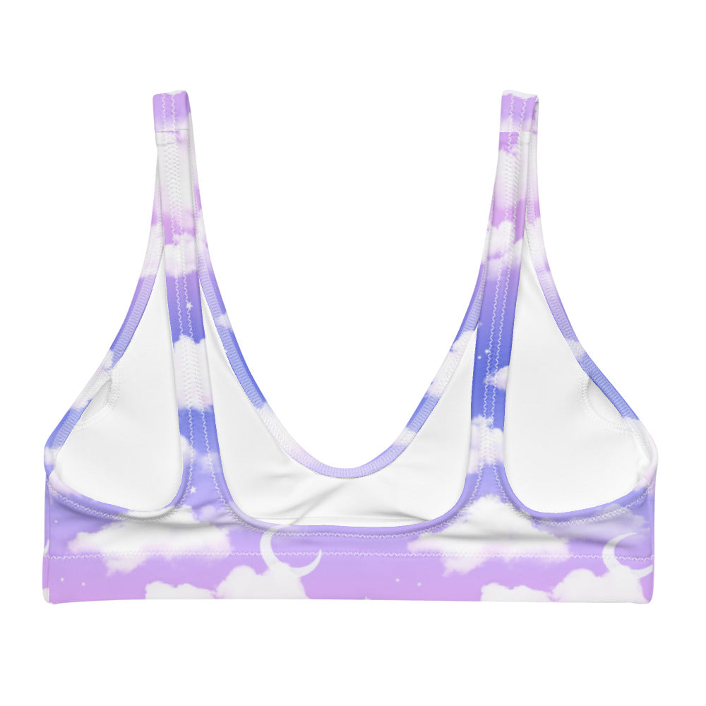 Cloudy Sky Padded Bikini Top featuring a dreamy purple gradient and removable pads for ultimate comfort.