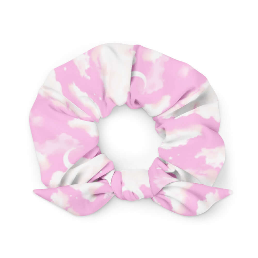 Stylish Cloudy Sky Scrunchie featuring a soft pink and white cloud design, perfect for any outfit. Get yours today!