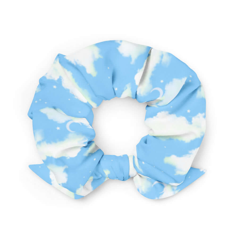 Stylish Cloudy Sky Scrunchie featuring a beautiful blue and white cloud design, perfect for any outfit.