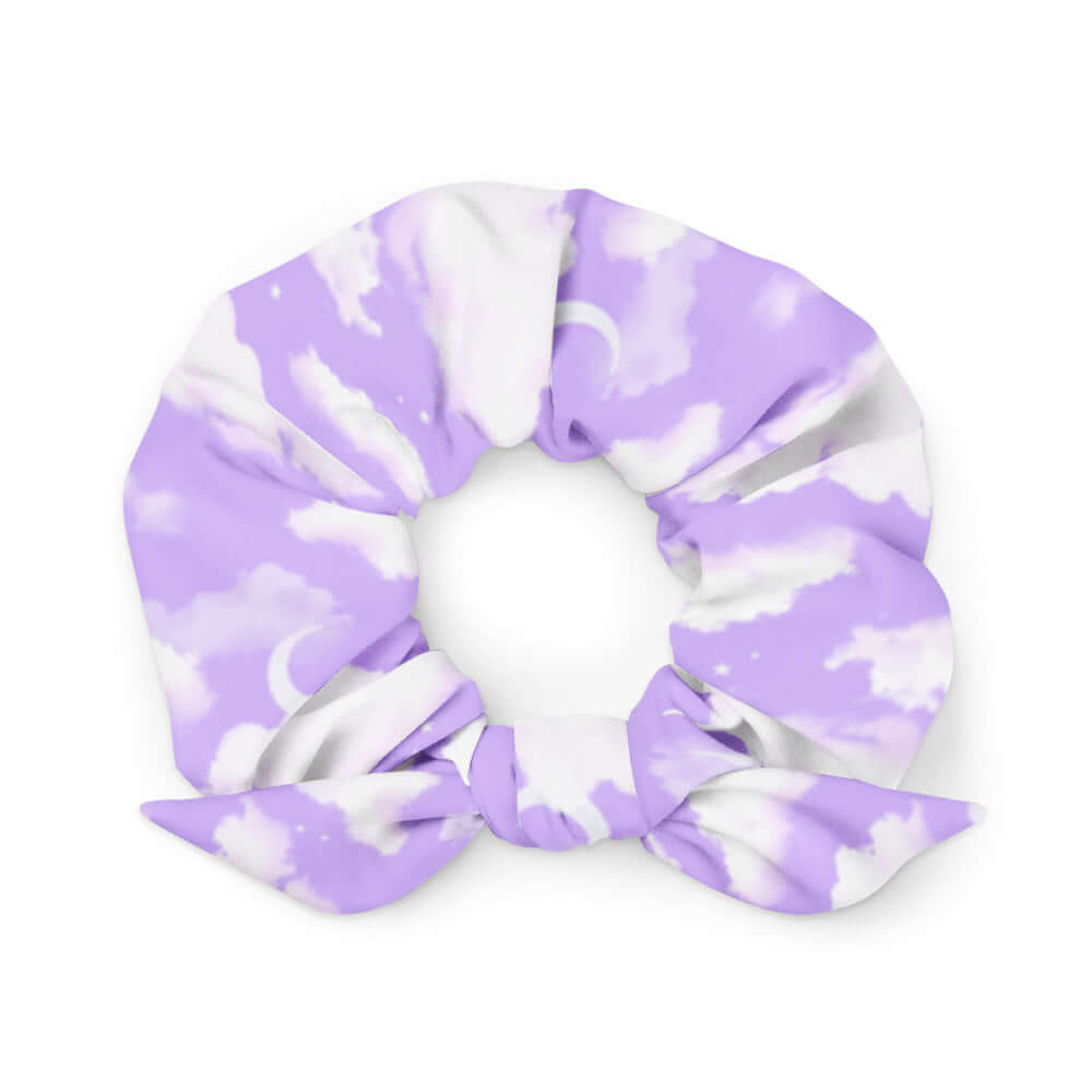 Stylish Cloudy Sky Scrunchie features a soft purple design, perfect for complementing any outfit effortlessly.