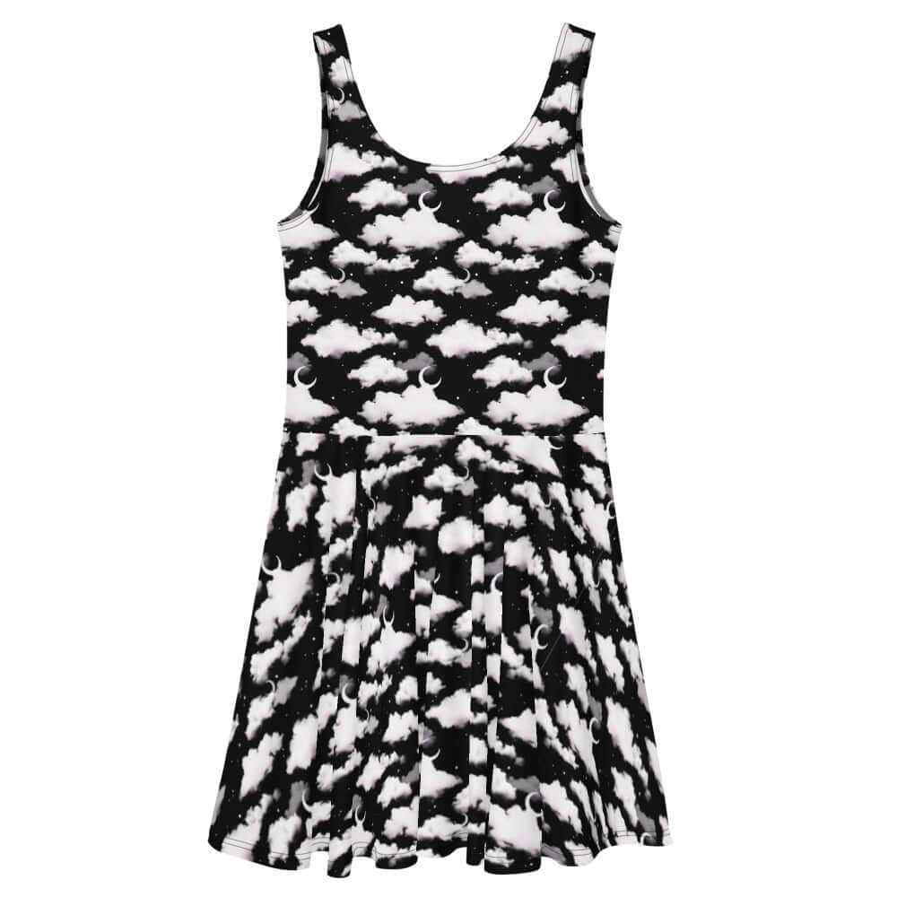 Stylish Cloudy Sky Skater Dress featuring a dreamy cloud print, perfect for a chic, casual look.