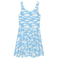 Bright blue Cloudy Sky Skater Dress features a whimsical cloud pattern, perfect for a dreamy, stylish look.