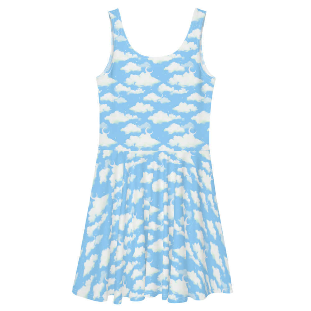 Bright blue Cloudy Sky Skater Dress features a whimsical cloud pattern, perfect for a dreamy, stylish look.