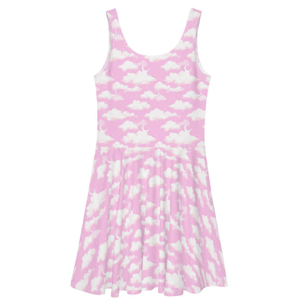 Dreamy Cloudy Sky Skater Dress featuring a soft pink cloud pattern, perfect for a whimsical look. Perfect for any occasion!