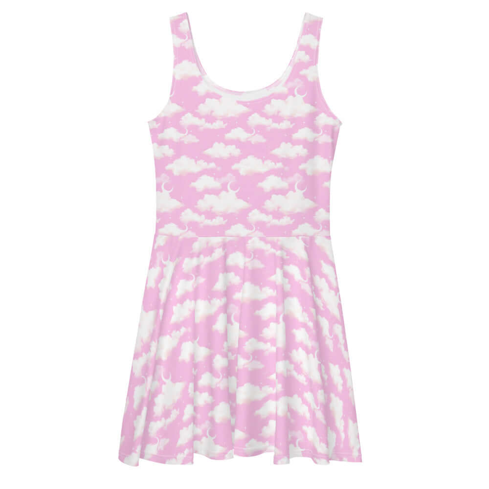 Elevate your style in the Cloudy Sky Skater Dress, featuring a dreamy pink cloud pattern for a whimsical look.