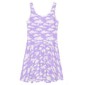 Elevate your style with the Cloudy Sky Skater Dress, featuring a dreamy purple cloud pattern and a flared skirt.