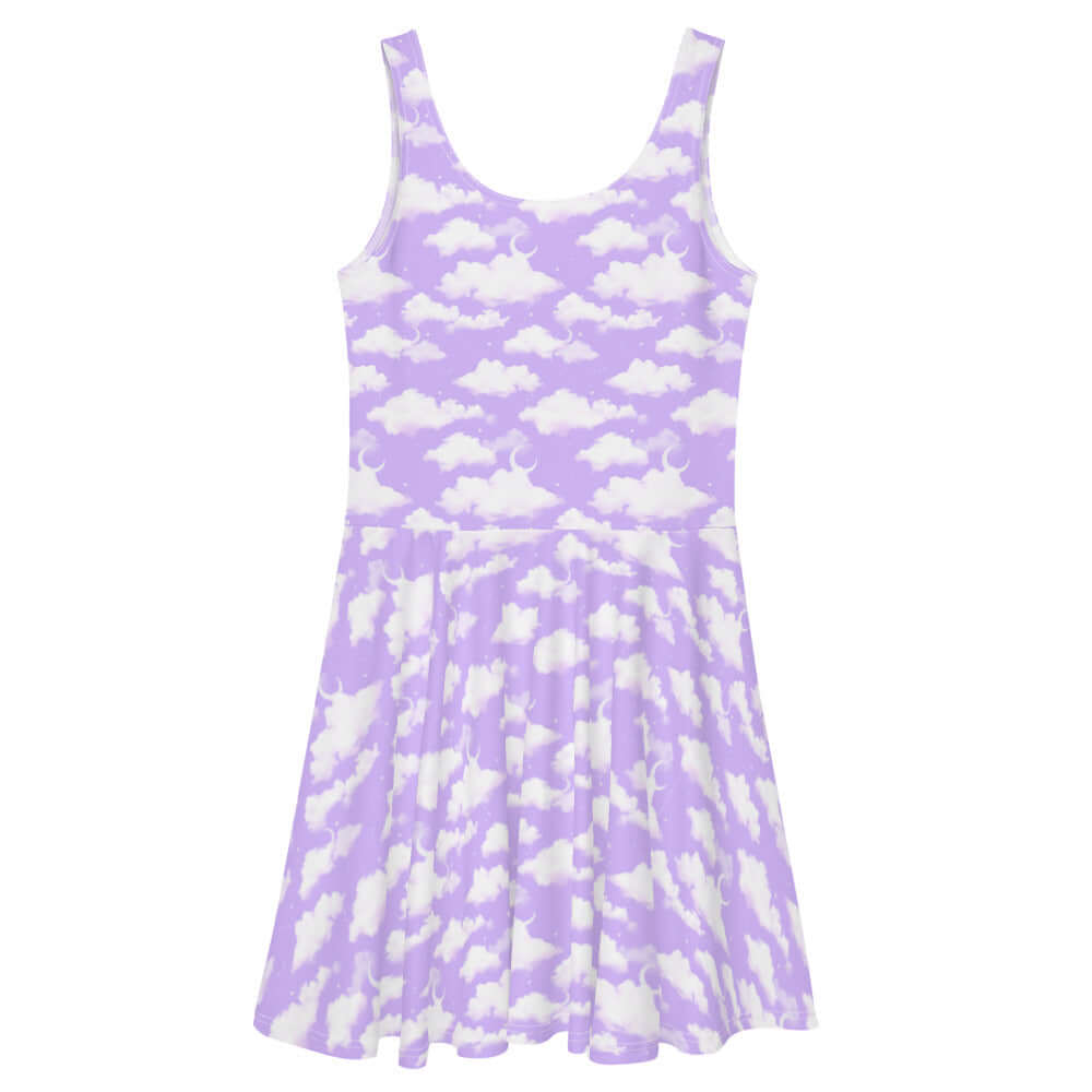 Elevate your style with the Cloudy Sky Skater Dress, featuring a dreamy purple cloud pattern and a flared skirt.