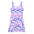 Dream in the Cloudy Sky Skater Dress, featuring a whimsical purple gradient cloud design and a flared skirt.
