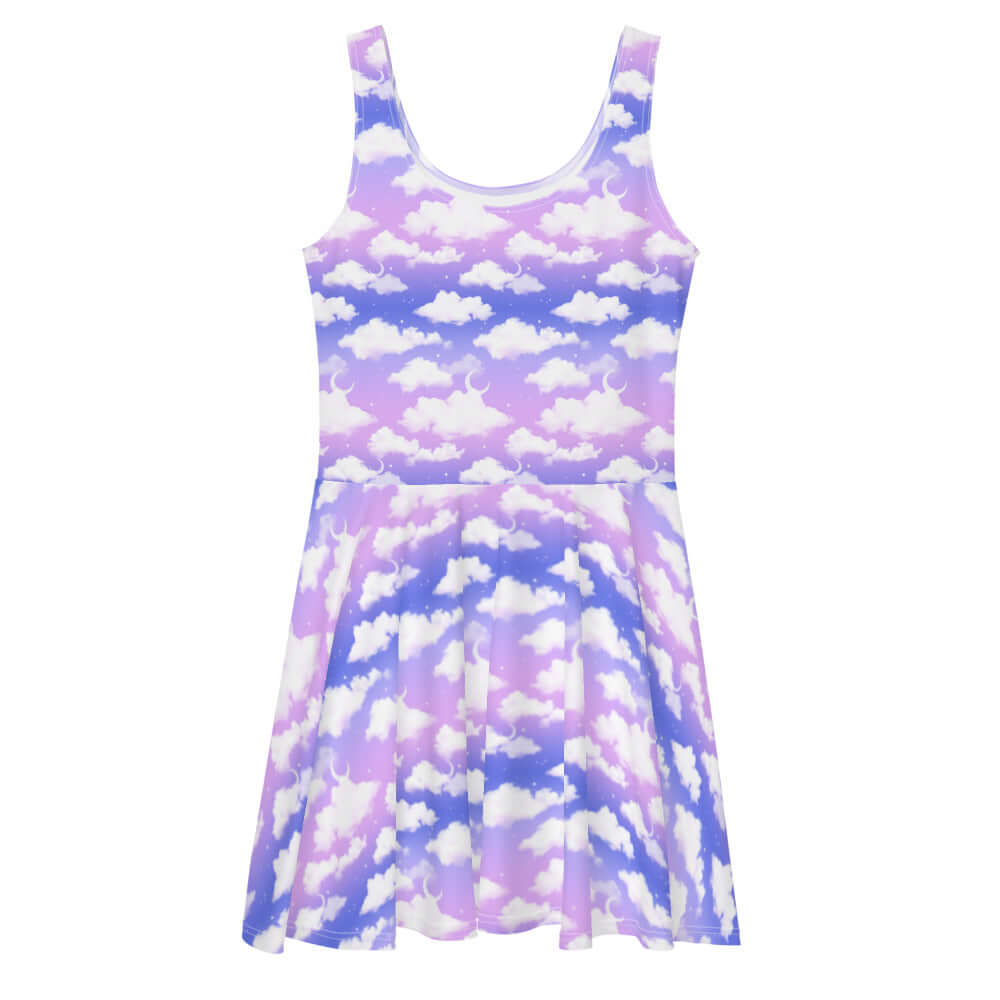 Dream in the Cloudy Sky Skater Dress, featuring a whimsical purple gradient cloud design and a flared skirt.
