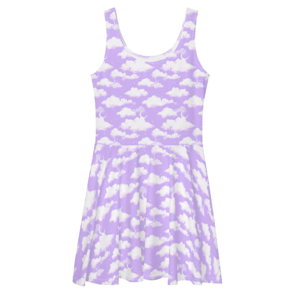 Ethereal Cloudy Sky Skater Dress in purple gradient, perfect for dreamy style and elegance. Ideal for any occasion.