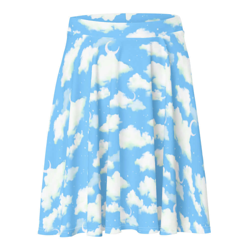 Bright blue Cloudy Sky Skater Skirt with fluffy cloud print, perfect for a dreamy, flattering look on any body type.