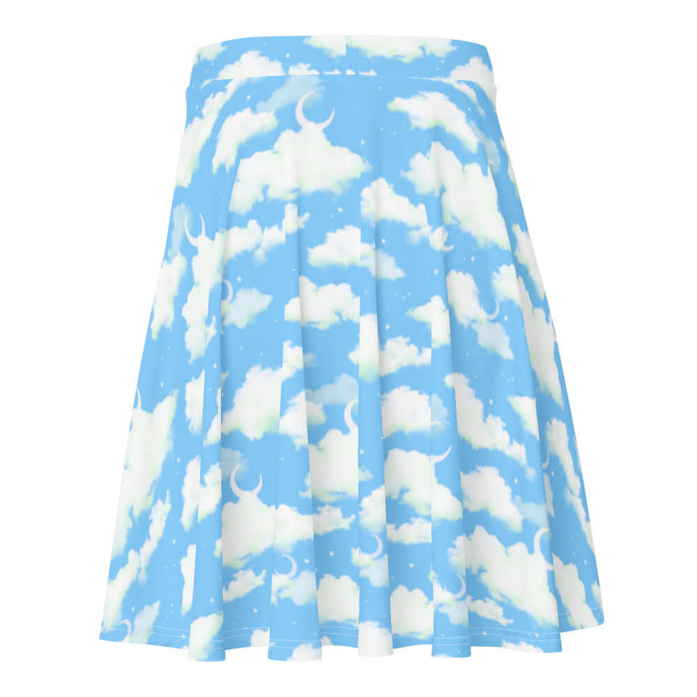 Bright blue Cloudy Sky Skater Skirt with fluffy clouds, perfect for a dreamy, flattering look on any body type.