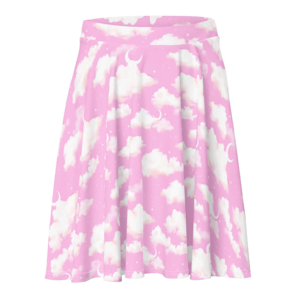 Dreamy Cloudy Sky Skater Skirt in pink, featuring a whimsical cloud pattern for a flattering fit. Perfect for any occasion!