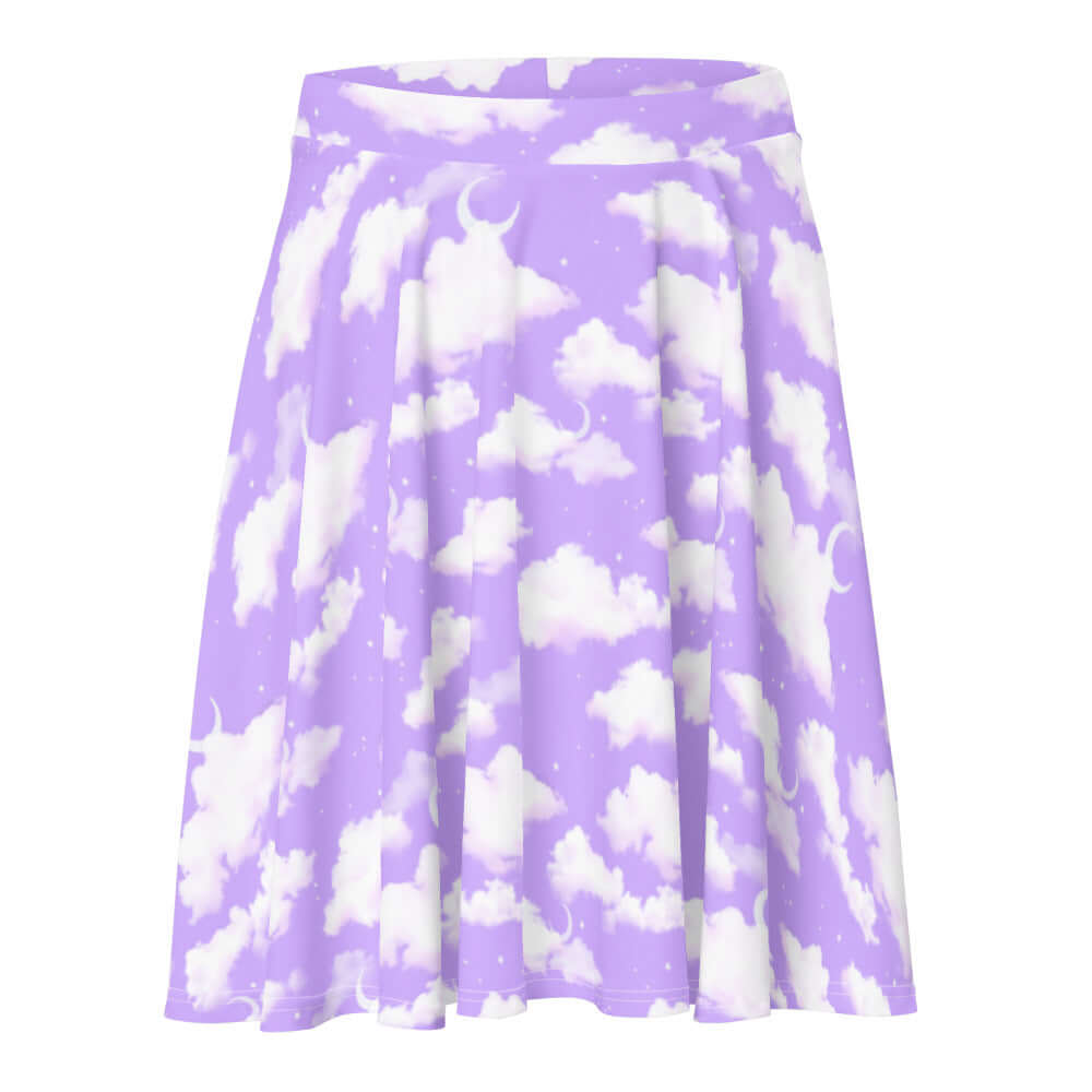 Dreamy Cloudy Sky Skater Skirt in soft purple with fluffy clouds, perfect for adding a whimsical touch to any outfit.