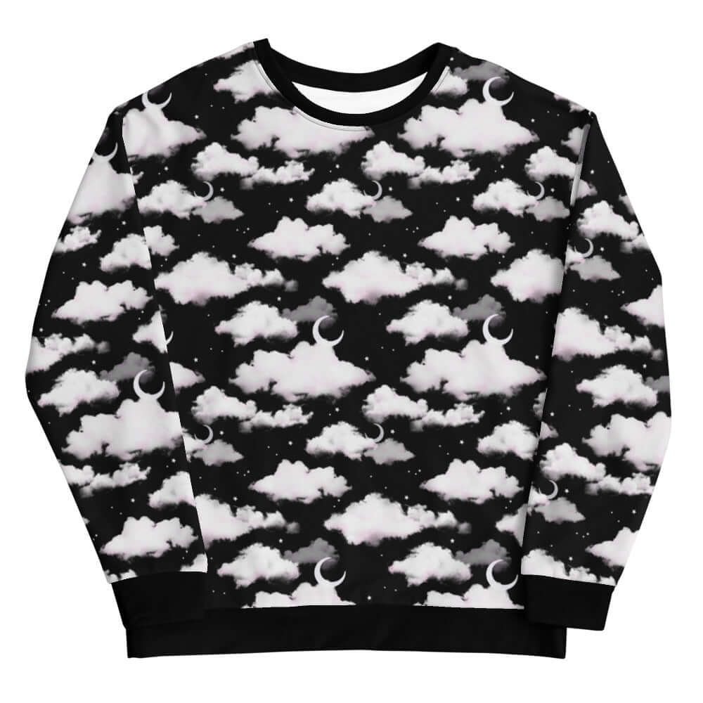 Dreamy Cloudy Sky Sweatshirt featuring a black base with soft clouds, perfect for stylish comfort and warmth.