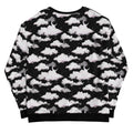 Unisex Cloudy Sky Sweatshirt features a dreamy cloud print on a black background, perfect for a stylish, cozy look.