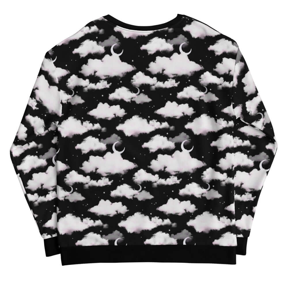 Unisex Cloudy Sky Sweatshirt features a dreamy cloud print on a black background, perfect for a stylish, cozy look.