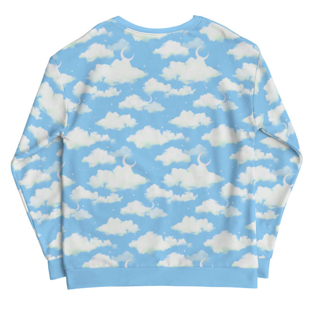 Blue Cloudy Sky Sweatshirt featuring a dreamy pattern of clouds and moons, perfect for cozy and stylish outfits.