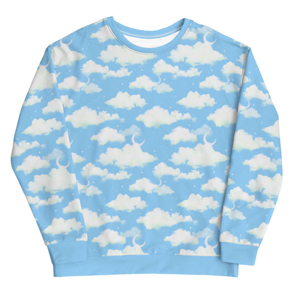 Bright blue Cloudy Sky Sweatshirt with dreamy cloud patterns, perfect for a cozy, stylish look.