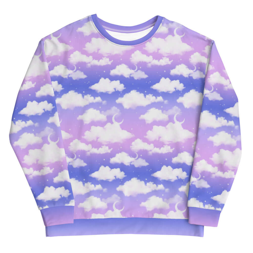 Dreamy Cloudy Sky Sweatshirt featuring a vibrant purple gradient with soft brushed fleece for ultimate comfort.