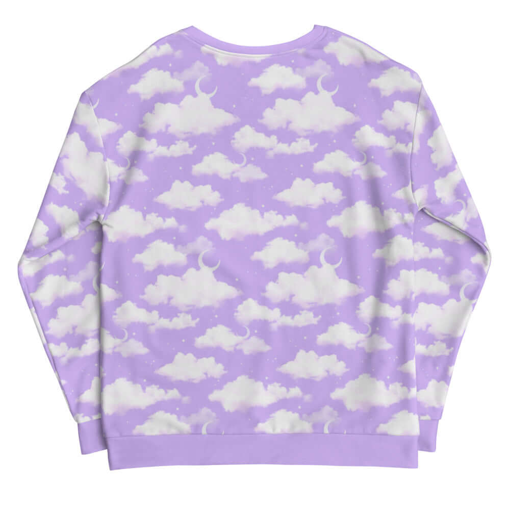 Dreamy Cloudy Sky Sweatshirt in ethereal purple, featuring soft brushed fleece and unique cloud patterns.