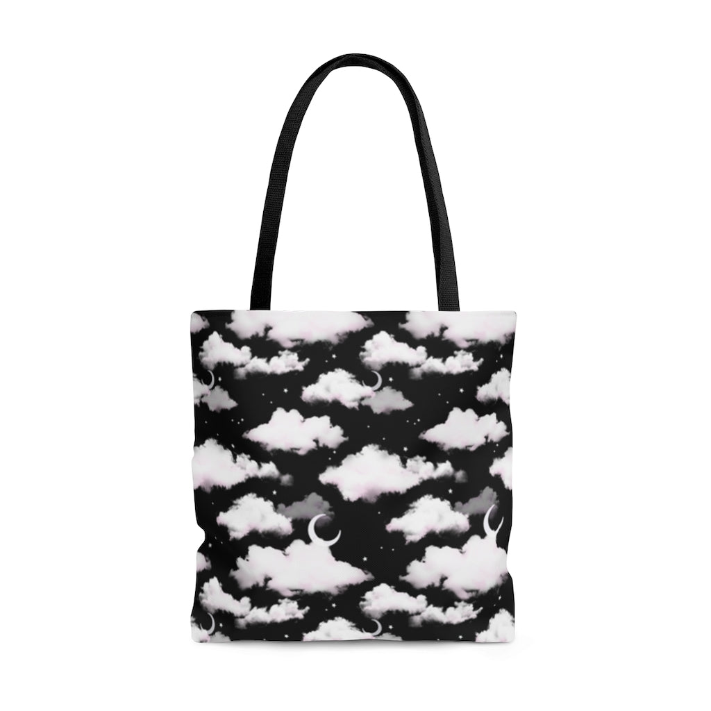 Stylish Cloudy Sky Tote Bag (Black) featuring a versatile cloud pattern, perfect for any outfit and easy to carry.