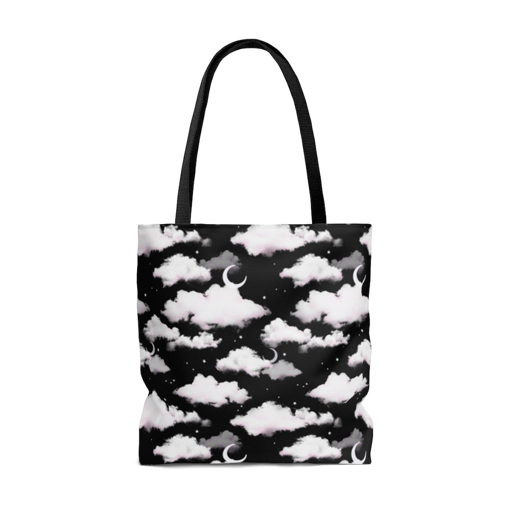 Stylish Cloudy Sky Tote Bag (Black) featuring a versatile design with clouds, perfect for any outfit or gym trips.