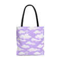 Stylish Cloudy Sky Tote Bag (Lavender) featuring a whimsical cloud design, perfect for any outfit or occasion.