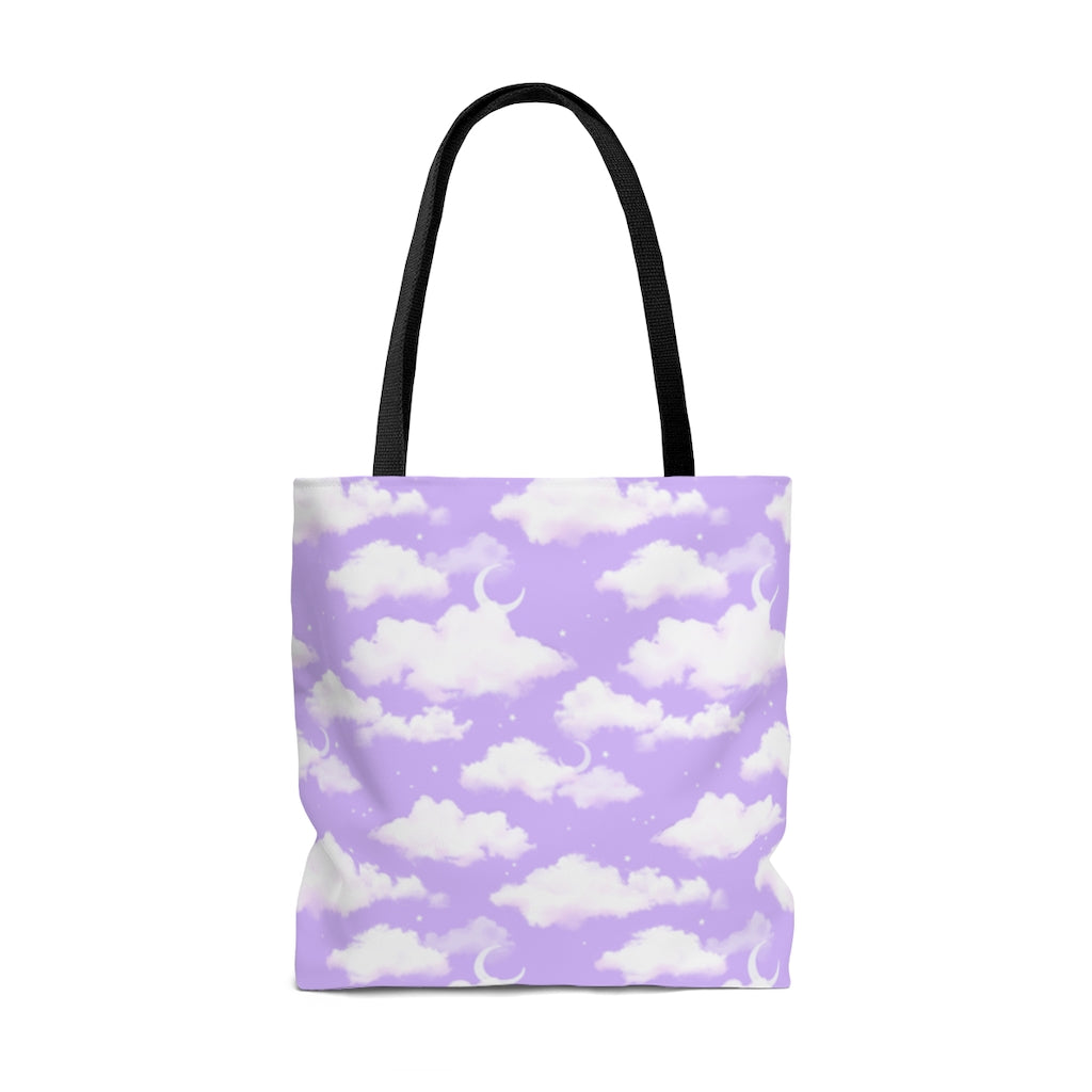 Stylish Cloudy Sky Tote Bag (Lavender) featuring a whimsical cloud design, perfect for any outfit or occasion.