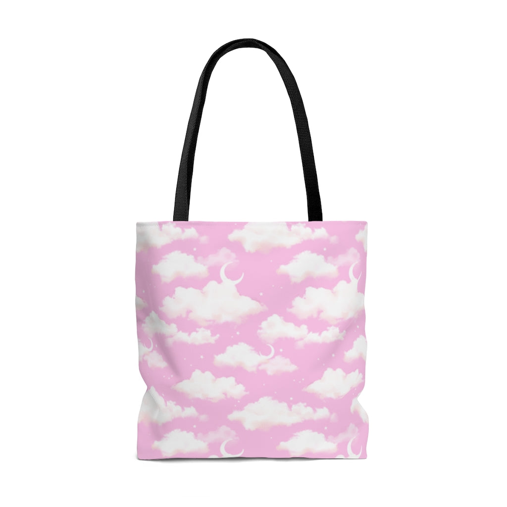 Stylish Cloudy Sky Tote Bag (Pink) featuring a soft cloud design, perfect for any outfit and versatile use.