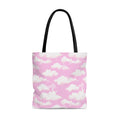 Stylish Cloudy Sky Tote Bag (Pink) features a charming cloud design, perfect for any outfit and everyday use.