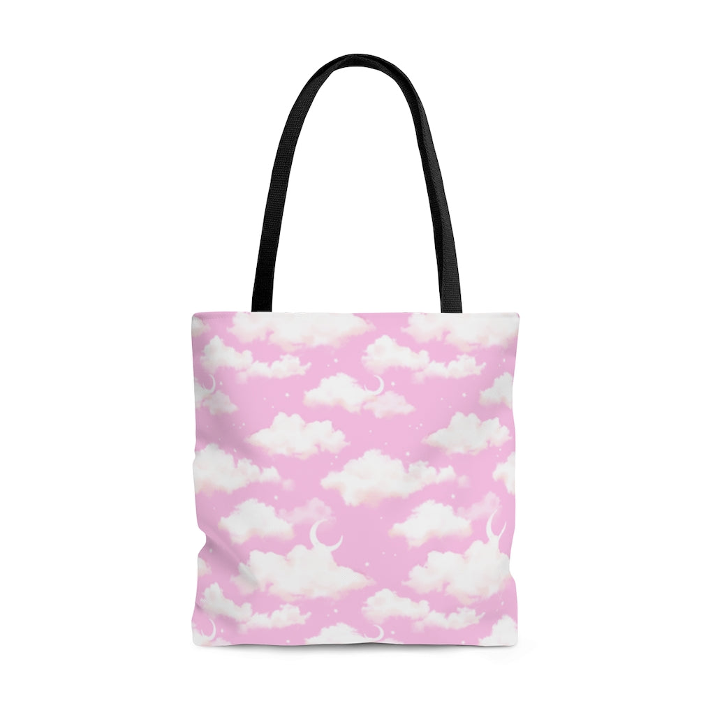 Stylish Cloudy Sky Tote Bag (Pink) features a charming cloud design, perfect for any outfit and everyday use.
