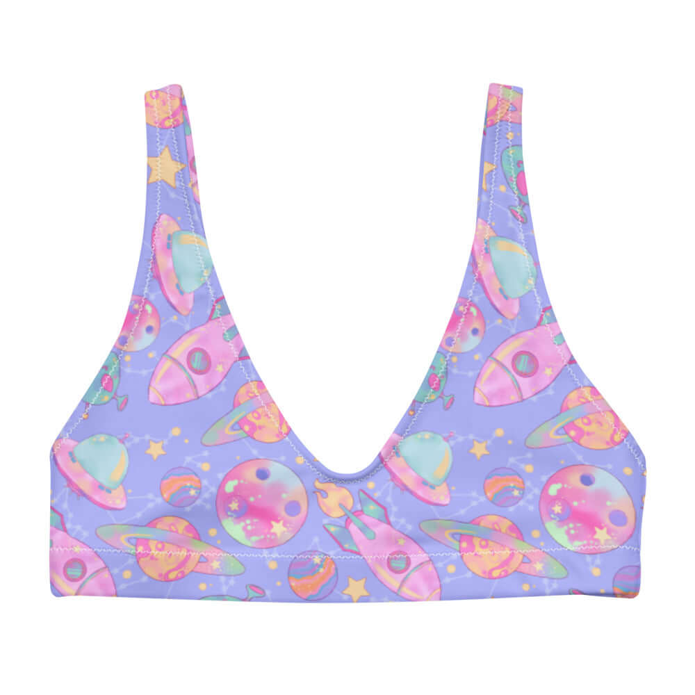 Colorful Space Padded Bikini Top features a playful print, perfect for a trendy, kawaii-inspired summer look.