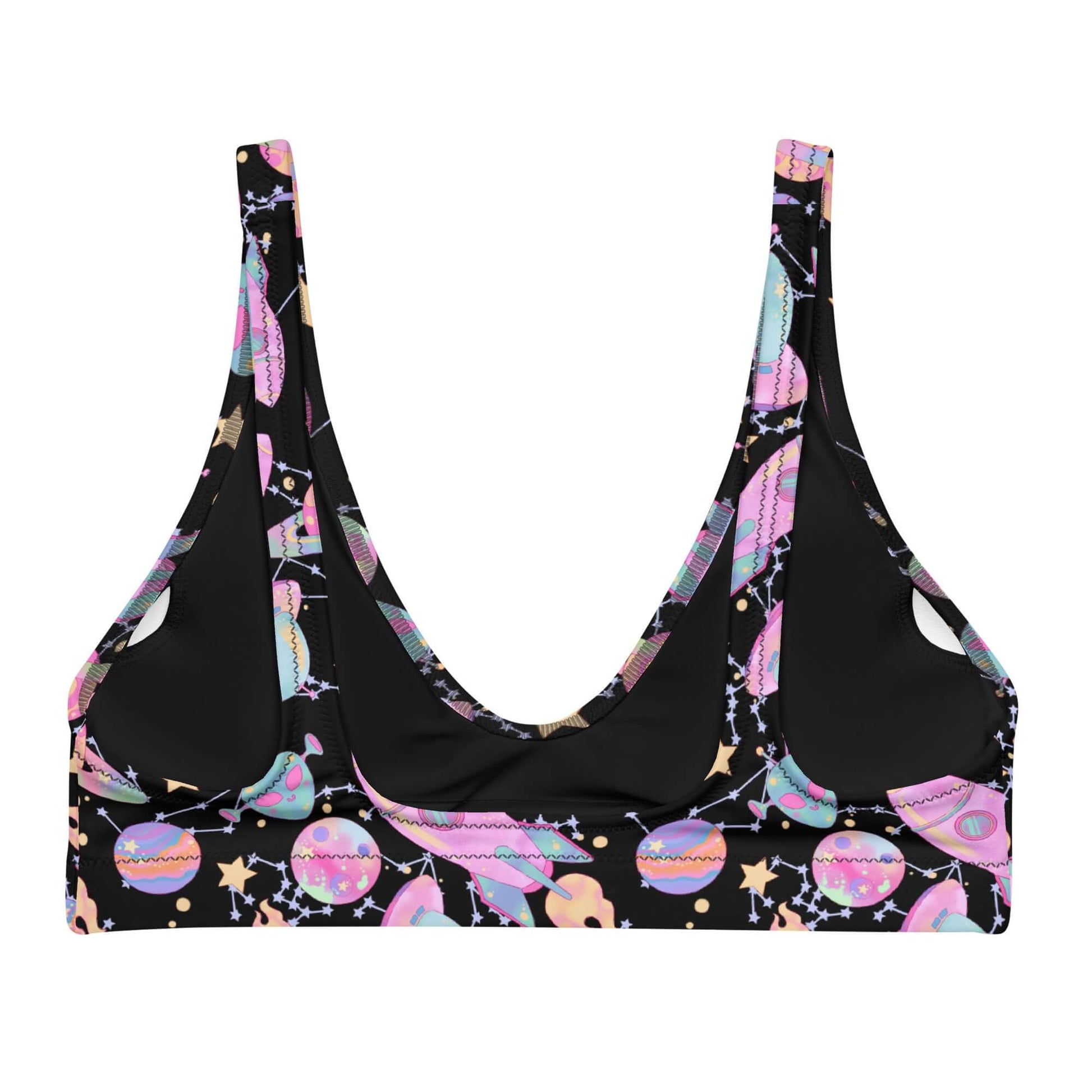 Colorful Space Padded Bikini Top features a mesmerizing design, perfect for a stylish, kawaii look at the beach.