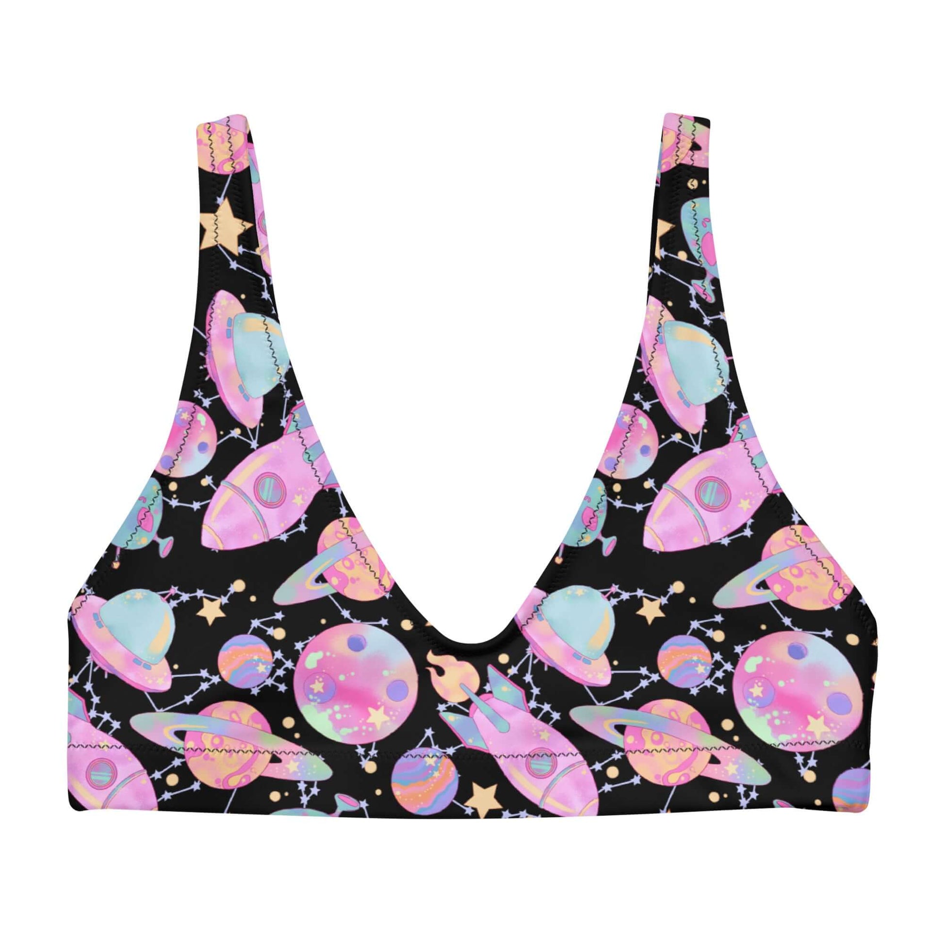 Colorful Space Padded Bikini Top featuring a mesmerizing cosmic design, perfect for a stylish beach day.