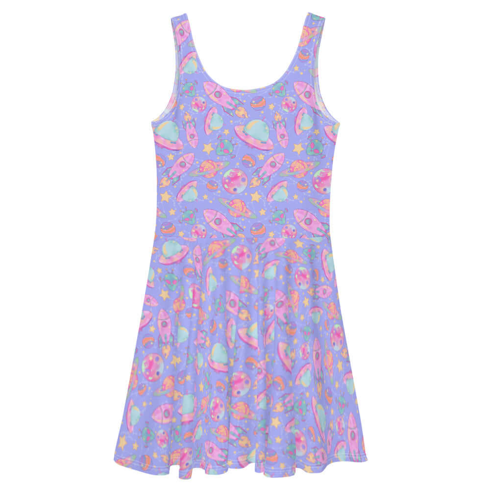 Colorful Space Skater Dress featuring a flared skirt and playful cosmic print, perfect for a kawaii look.