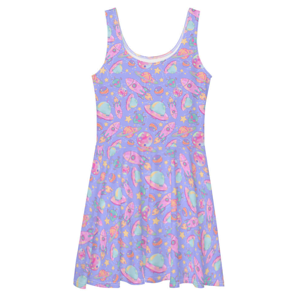 Colorful Space Skater Dress featuring a playful print, perfect for a stylish, kawaii-inspired outfit.