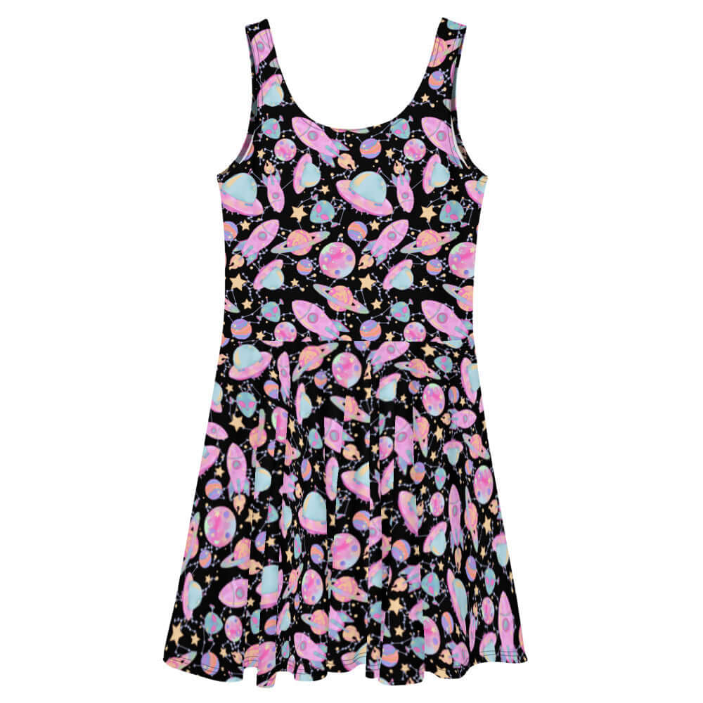 Colorful Space Skater Dress featuring a flared skirt, perfect for a stylish, kawaii-inspired look.