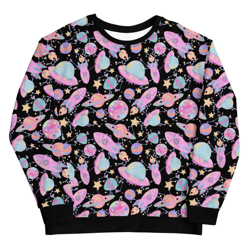 Colorful Space Sweatshirt featuring a whimsical print of planets and rockets, perfect for a trendy Harajuku-inspired look.