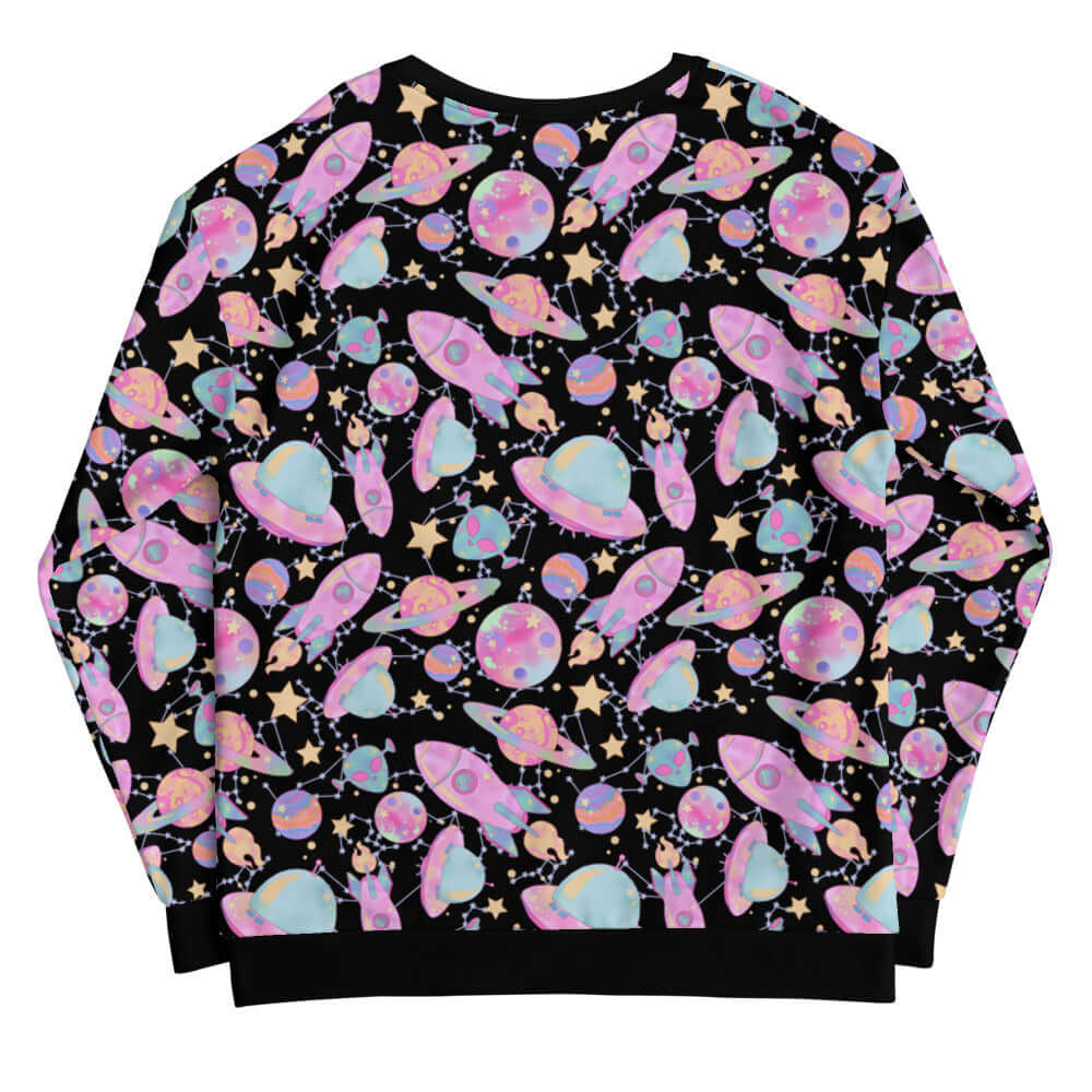 Colorful Space Sweatshirt featuring a whimsical cosmic print, perfect for a trendy Harajuku-inspired look.