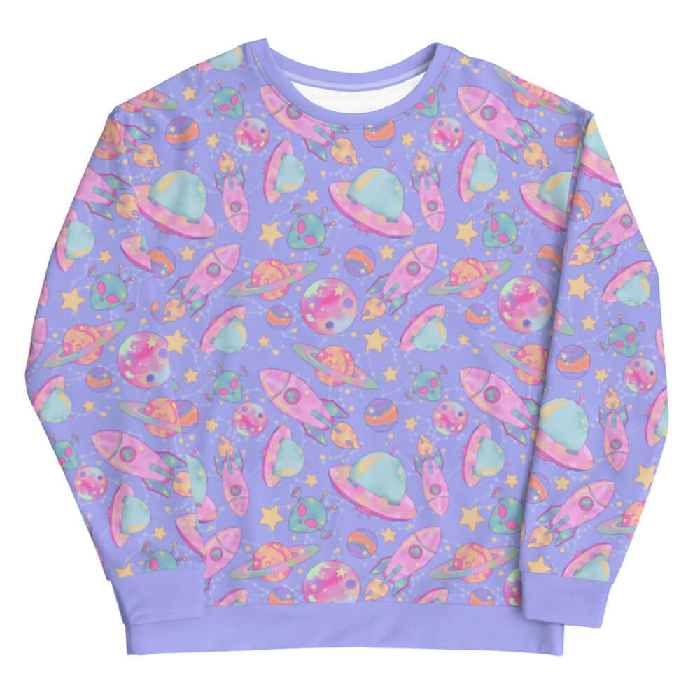Colorful Space Sweatshirt features a mesmerizing print, perfect for a kawaii-inspired look in Harajuku style.