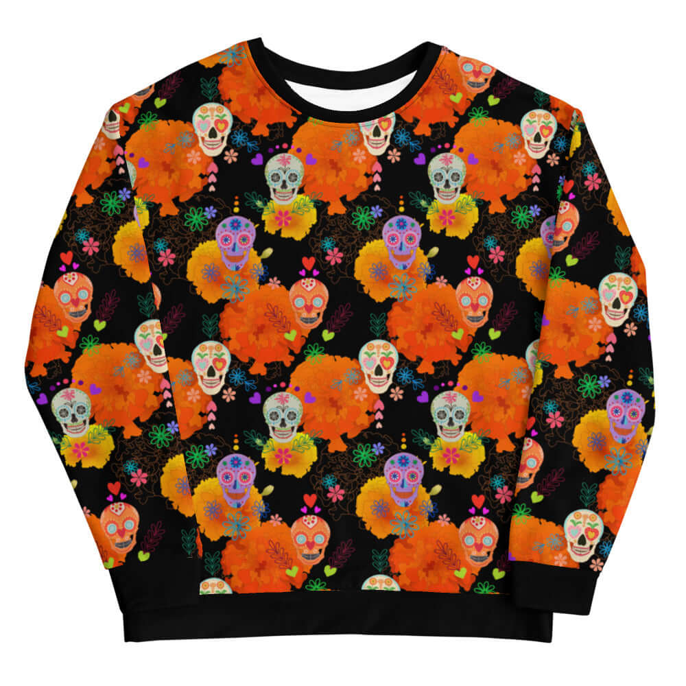 Vibrant Sugar Skull Sweatshirt featuring colorful designs, perfect for festive occasions and self-expression.
